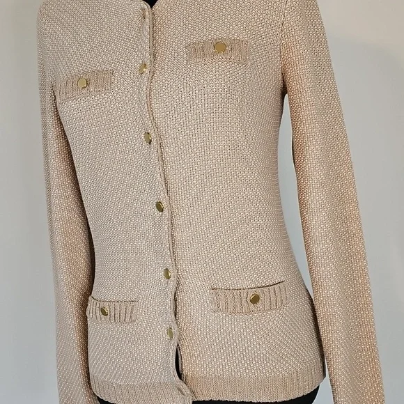 Banana Republic Cardigan Tan With Gold Weave and Gold Buttons - Picture 5 of 7